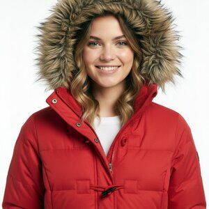ESPRIT Women's Red Puffer Jacket Faux Fur Hood Toggle Winter Down Coat Size (M)